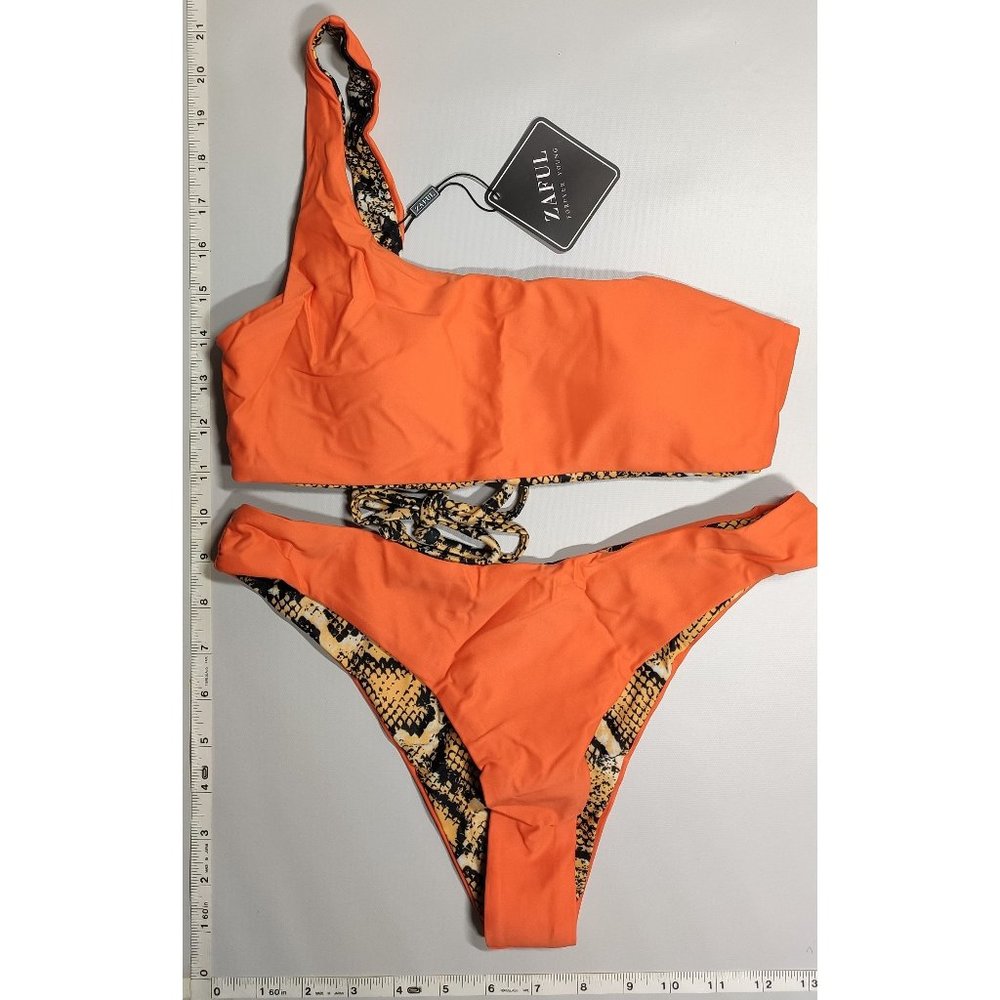 NWT ZAFUL Small one-shoulder Reversible High Cut Orange Snake print bikini set